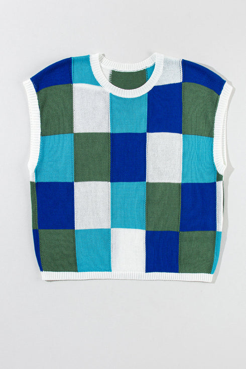 Checkered Pattern Cap Sleeve Crew Neck Knit Top