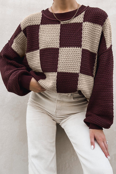 Checkered Pattern Loose Fit Knit Pullover Sweater