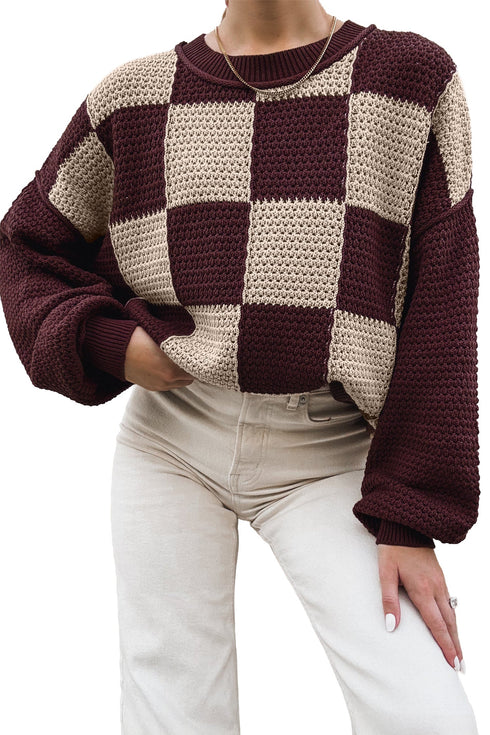 Checkered Pattern Loose Fit Knit Pullover Sweater