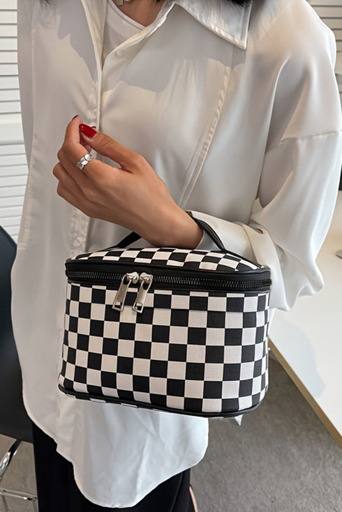 Checkered Pattern Nylon Zipper Top Handle Cosmetic Bag