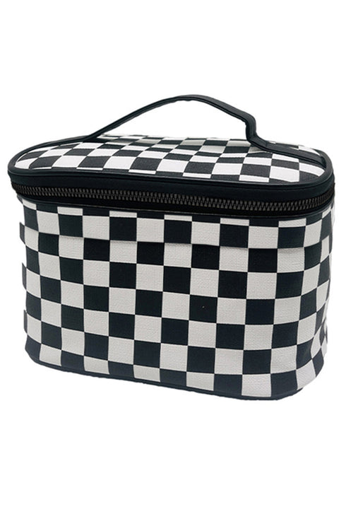 Checkered Pattern Nylon Zipper Top Handle Cosmetic Bag