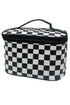 Checkered Pattern Nylon Zipper Top Handle Cosmetic Bag