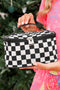 Checkered Pattern Nylon Zipper Top Handle Cosmetic Bag
