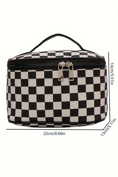 Checkered Pattern Nylon Zipper Top Handle Cosmetic Bag