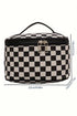 Checkered Pattern Nylon Zipper Top Handle Cosmetic Bag