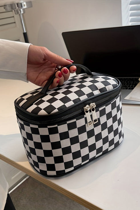 Checkered Pattern Nylon Zipper Top Handle Cosmetic Bag