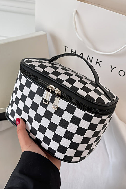 Checkered Pattern Nylon Zipper Top Handle Cosmetic Bag