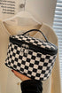 Checkered Pattern Nylon Zipper Top Handle Cosmetic Bag