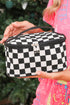 Checkered Pattern Nylon Zipper Top Handle Cosmetic Bag