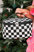 Checkered Pattern Nylon Zipper Top Handle Cosmetic Bag