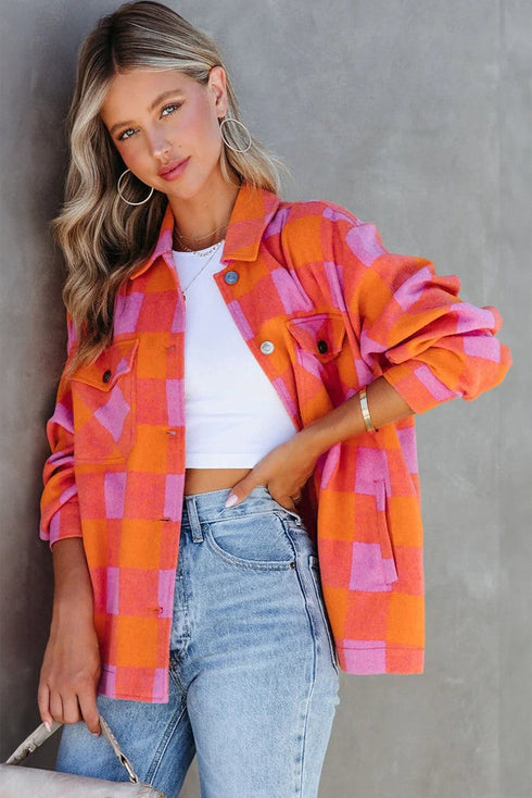 Checkered Plaid Chest Pocket Turn Down Collar Jacket