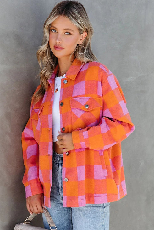 Checkered Plaid Chest Pocket Turn Down Collar Jacket