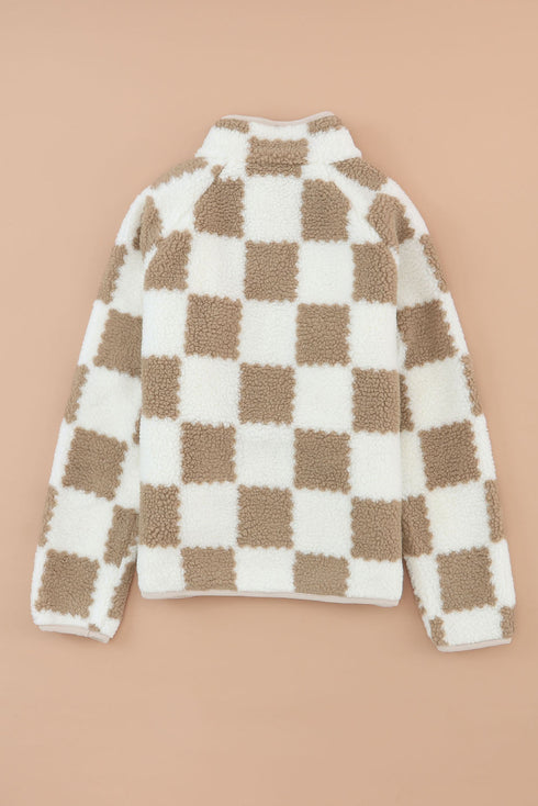 Checkered Plaid Sherpa Fleece Snap Button Jacket