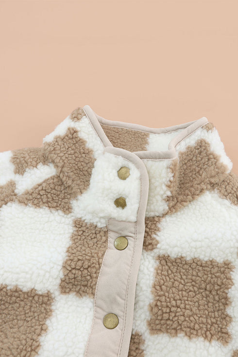 Checkered Plaid Sherpa Fleece Snap Button Jacket
