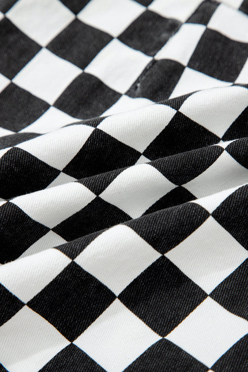 Checkered Print Asymmetrical Overlap Waist Denim Shorts