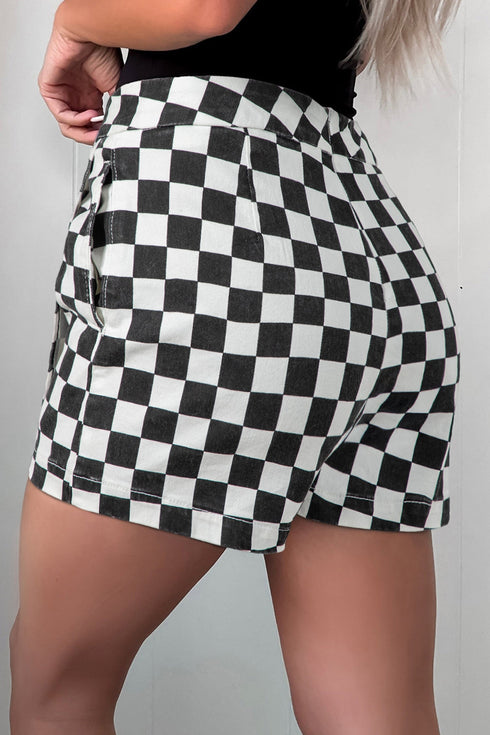 Checkered Print Asymmetrical Overlap Waist Denim Shorts