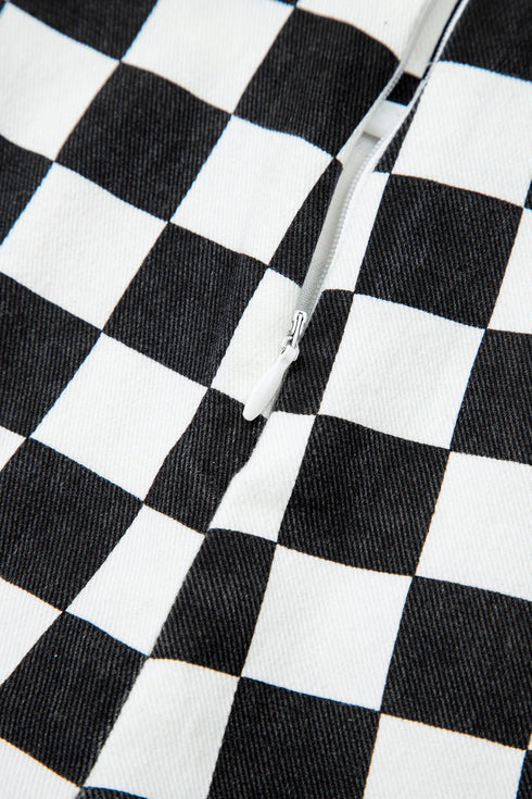 Checkered Print Asymmetrical Overlap Waist Denim Shorts