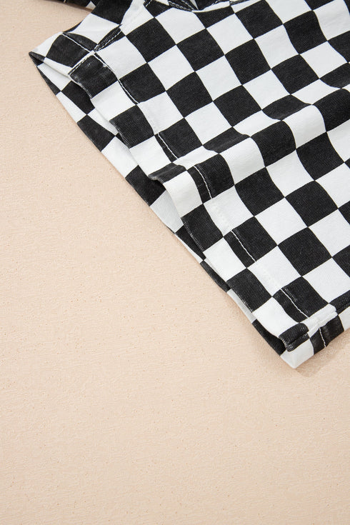 Checkered Print Asymmetrical Overlap Waist Denim Shorts