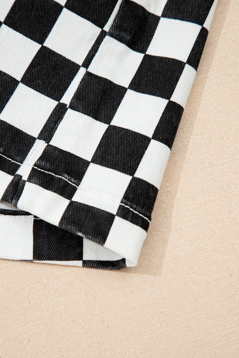 Checkered Print Asymmetrical Overlap Waist Denim Shorts