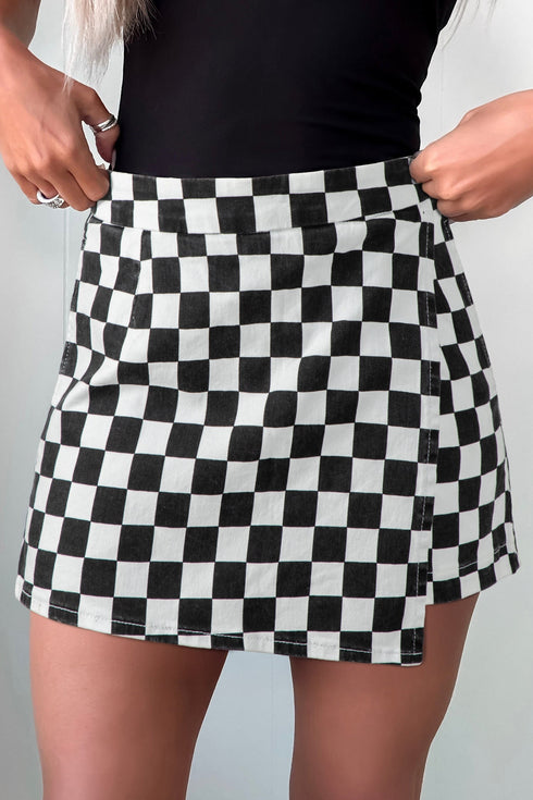 Checkered Print Asymmetrical Overlap Waist Denim Shorts