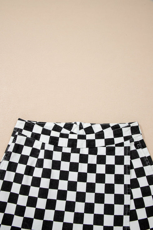 Checkered Print Asymmetrical Overlap Waist Denim Shorts