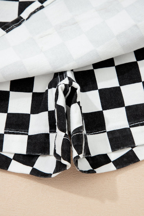Checkered Print Asymmetrical Overlap Waist Denim Shorts