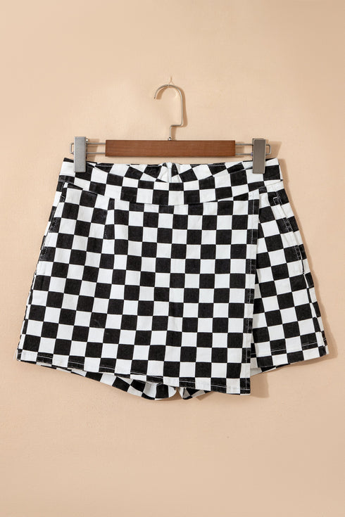 Checkered Print Asymmetrical Overlap Waist Denim Shorts