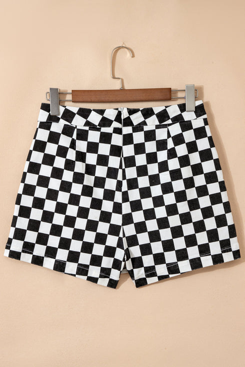 Checkered Print Asymmetrical Overlap Waist Denim Shorts