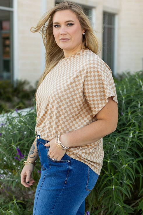 Checkered Print Batwing Sleeve Round Neck Tee