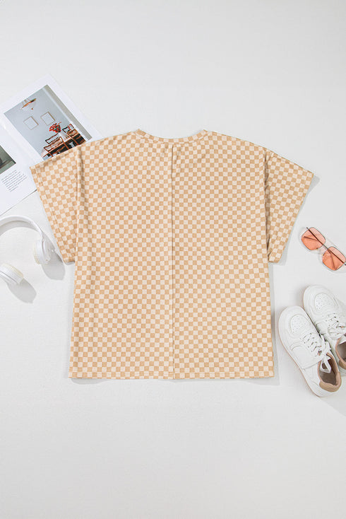 Checkered Print Batwing Sleeve Round Neck Tee