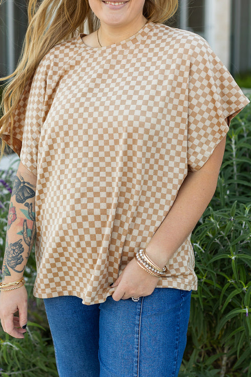 Checkered Print Batwing Sleeve Round Neck Tee