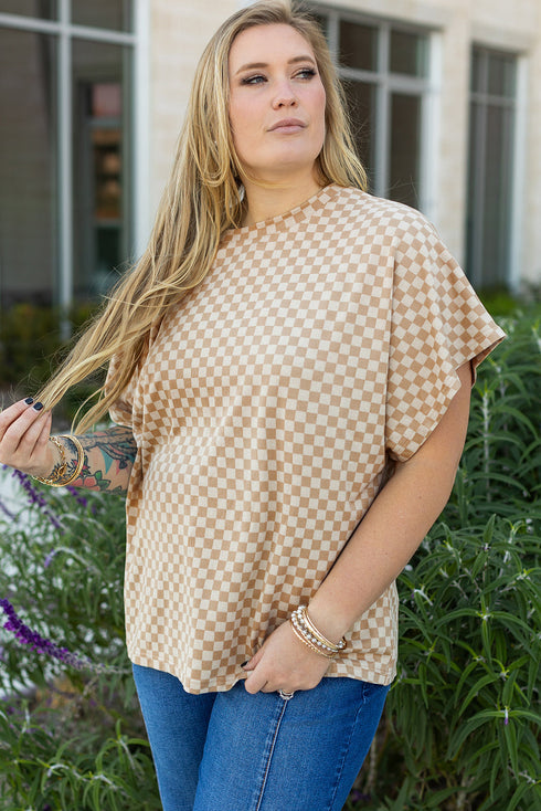 Checkered Print Batwing Sleeve Round Neck Tee