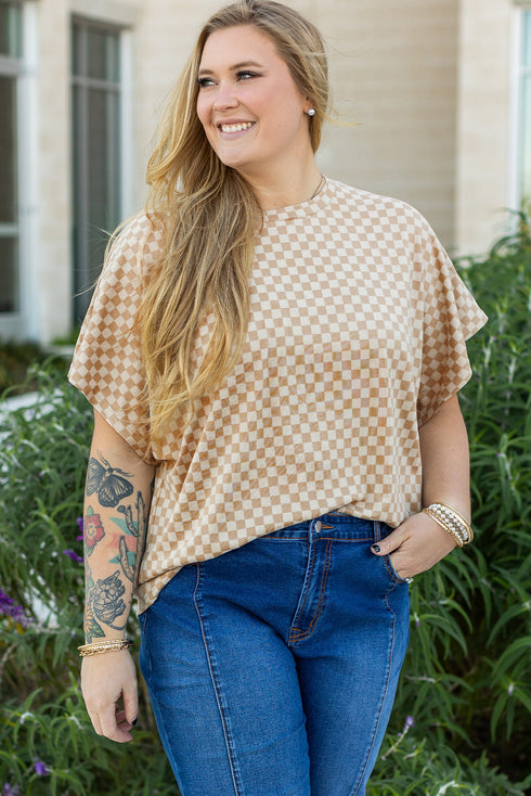 Checkered Print Batwing Sleeve Round Neck Tee