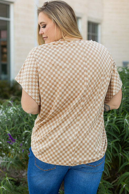 Checkered Print Batwing Sleeve Round Neck Tee