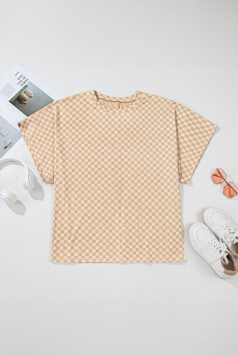 Checkered Print Batwing Sleeve Round Neck Tee