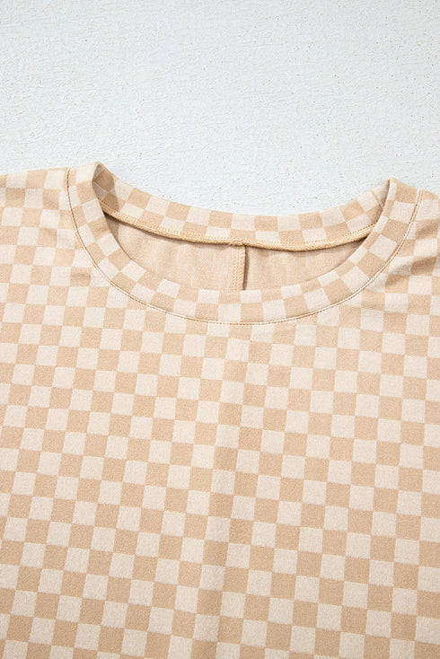 Checkered Print Batwing Sleeve Round Neck Tee