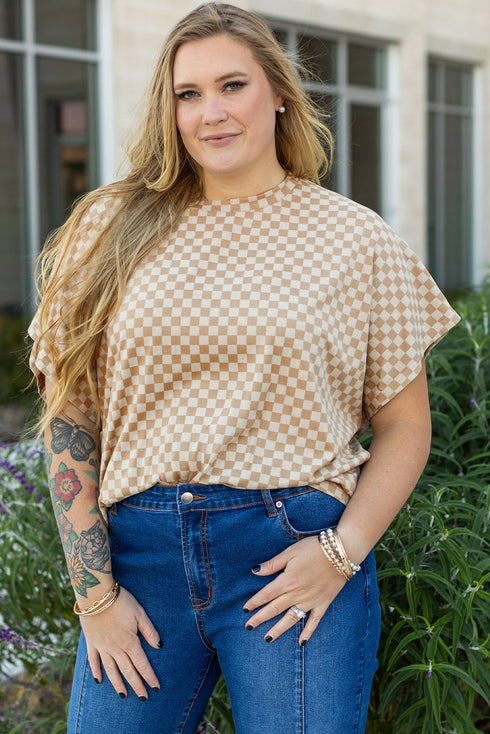 Checkered Print Batwing Sleeve Round Neck Tee