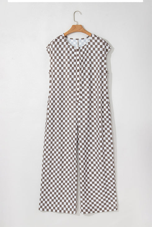 Checkered Print Buttoned Crew Neck Wide Leg Jumpsuit