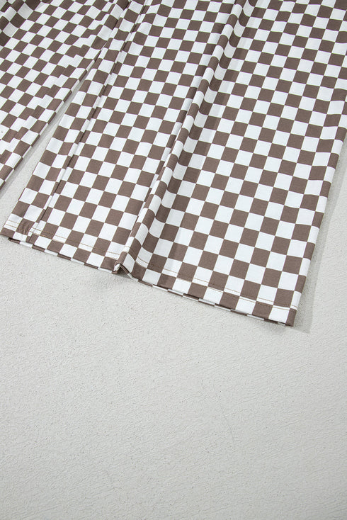 Checkered Print Buttoned Crew Neck Wide Leg Jumpsuit