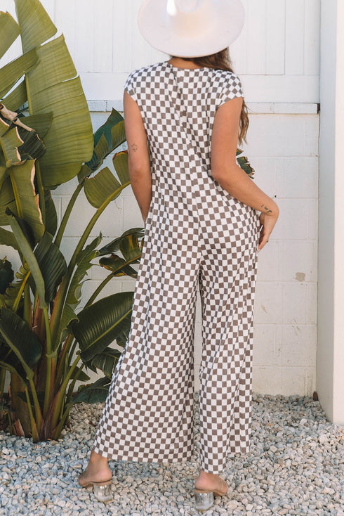 Checkered Print Buttoned Crew Neck Wide Leg Jumpsuit