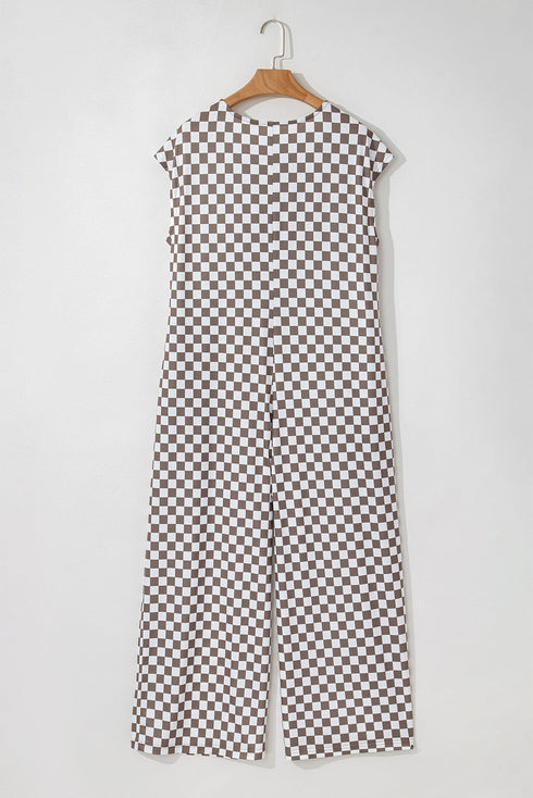 Checkered Print Buttoned Crew Neck Wide Leg Jumpsuit