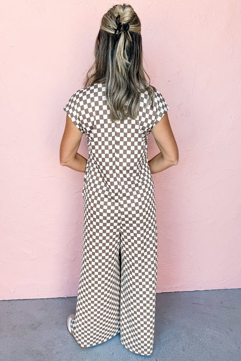 Checkered Print Buttoned Crew Neck Wide Leg Jumpsuit