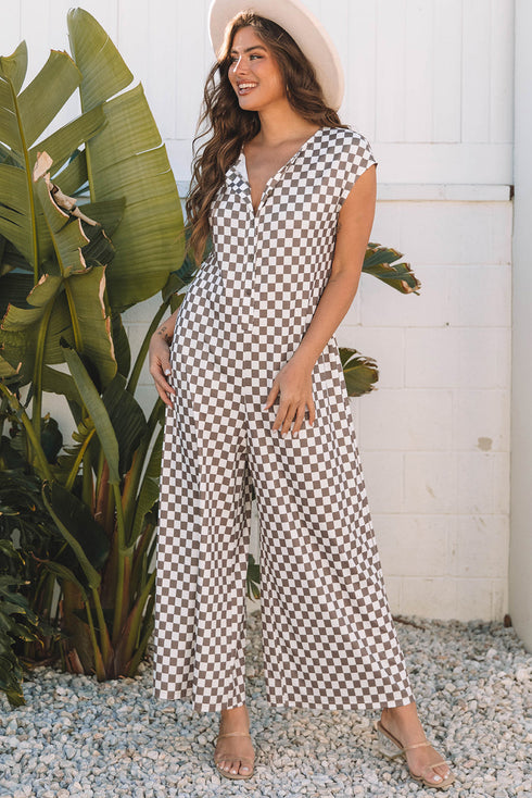 Checkered Print Buttoned Crew Neck Wide Leg Jumpsuit