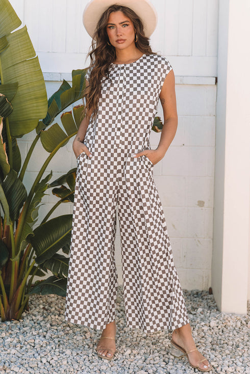 Checkered Print Buttoned Crew Neck Wide Leg Jumpsuit