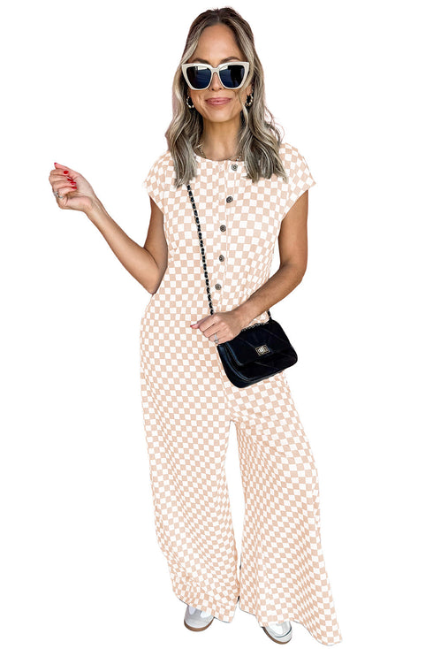 Checkered Print Buttoned Crew Neck Wide Leg Jumpsuit