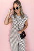 Checkered Print Buttoned Crew Neck Wide Leg Jumpsuit