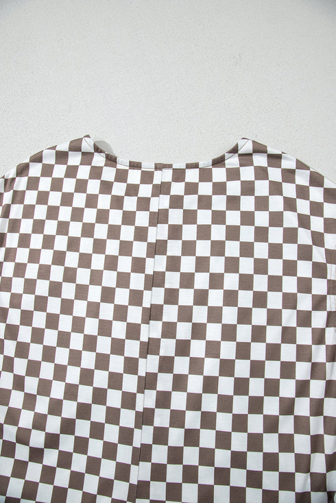 Checkered Print Buttoned Crew Neck Wide Leg Jumpsuit