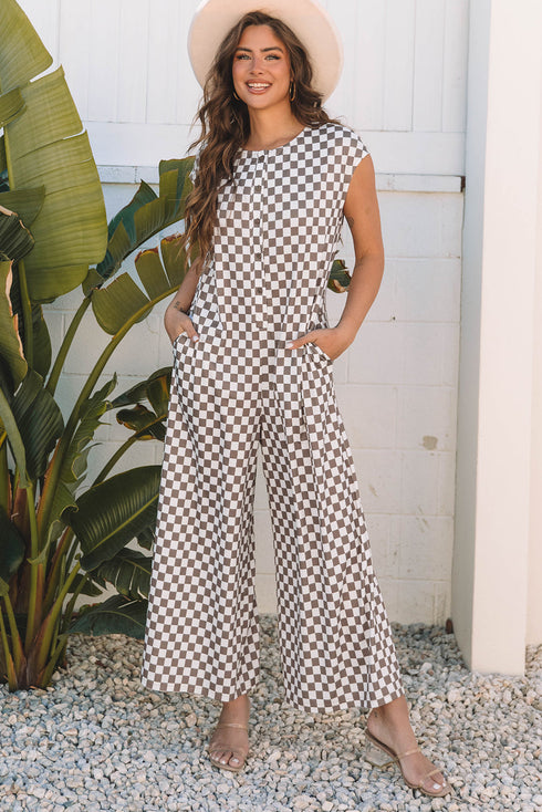 Checkered Print Buttoned Crew Neck Wide Leg Jumpsuit