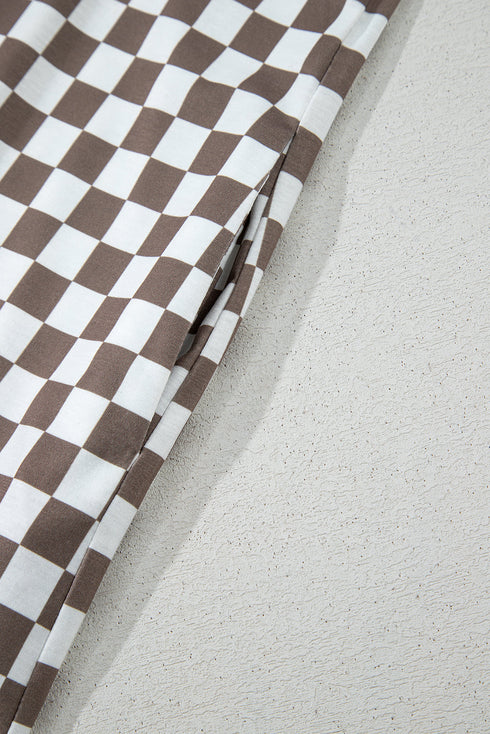 Checkered Print Buttoned Crew Neck Wide Leg Jumpsuit