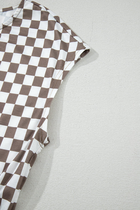 Checkered Print Buttoned Crew Neck Wide Leg Jumpsuit